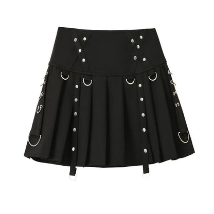 Gothic Harajuku Korte Plissé Rok met Riem en Lage Taille