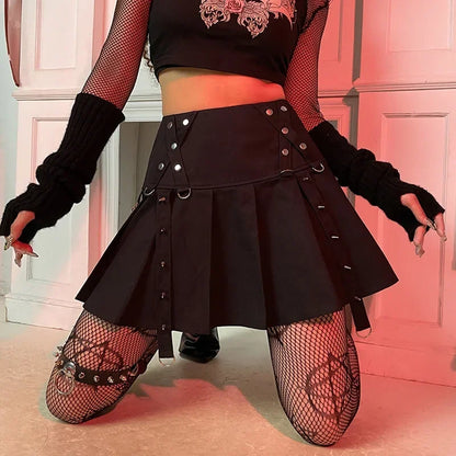 Gothic Harajuku Korte Plissé Rok met Riem en Lage Taille