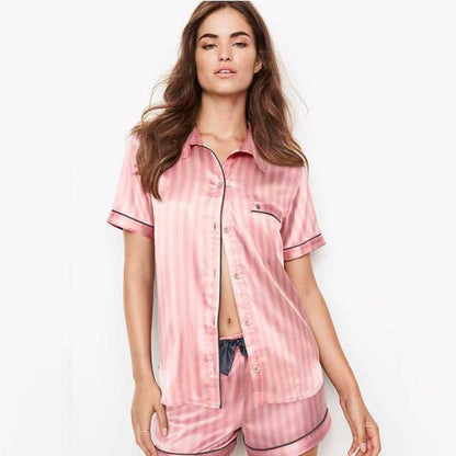 Roze Gestreepte Korte Mouwen Twee Delige Pyjama Set Comfortabel