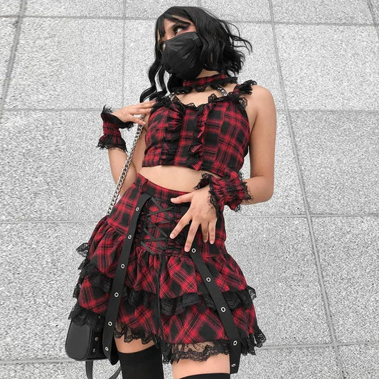 Harajuku Geruite Lolita Rok voor Meisjes met Hoge Taille