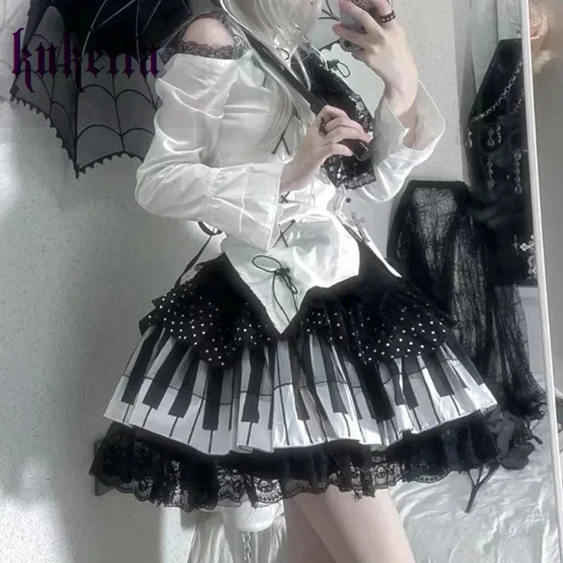 Harajuku Y2K Piano Sleutel Dot Kant Gothic Lolita Rok