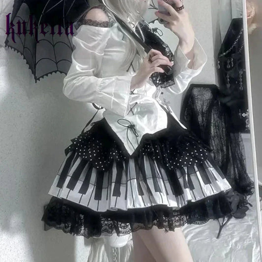 Harajuku Y2K Piano Sleutel Dot Kant Gothic Lolita Rok