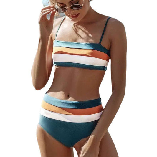Lichtblauwe Gestreepte Hoge Taille Bikini Onderkant