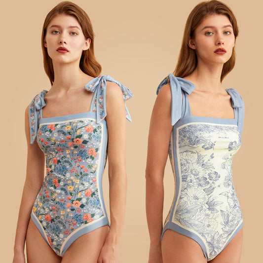 Vintage Blauwe Bloemenprint Omkeerbare Bikinibroek Met Schouderbanden