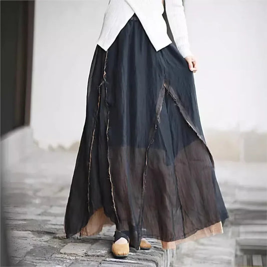 Retro Ongelijke Tencel Gecombineerde Elastische Taille Rok Stijlvol