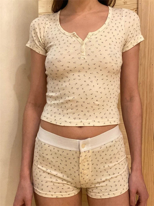Zomer Pyjama Set Met Bloemenprint En Korte Mouwen