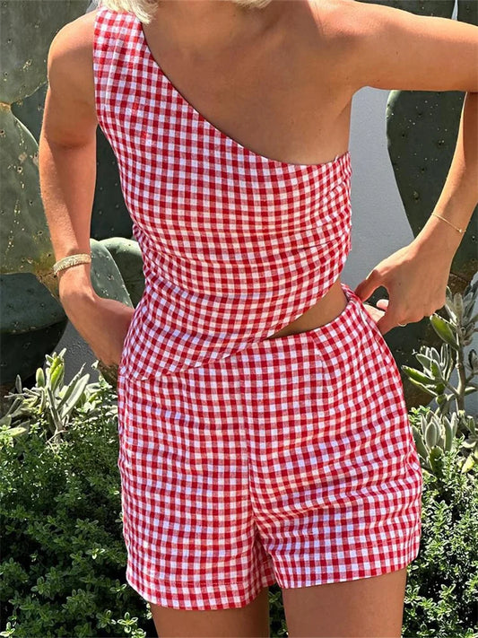 Ruitjes Off Shoulder Top en Hoge Taille Shorts Set