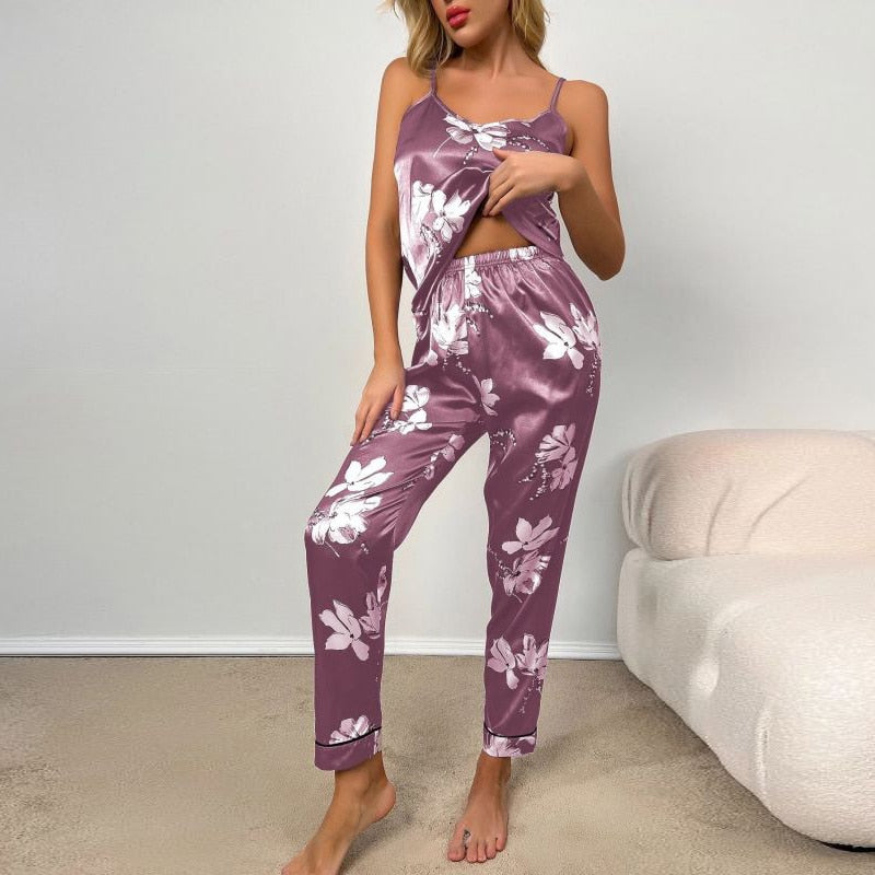 Bloemenprint Mouwloze Tops met Lange Broek Pyjama Set