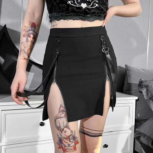 Vintage Y2K Donkere Dubbele Rits Gothic Rok Stijlvol