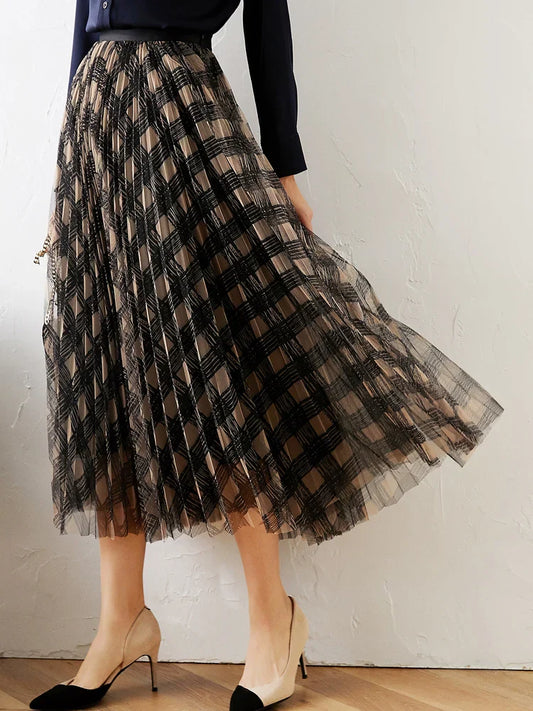 Stijlvolle Vintage Klassieke Ruitrok met Hoge Taille