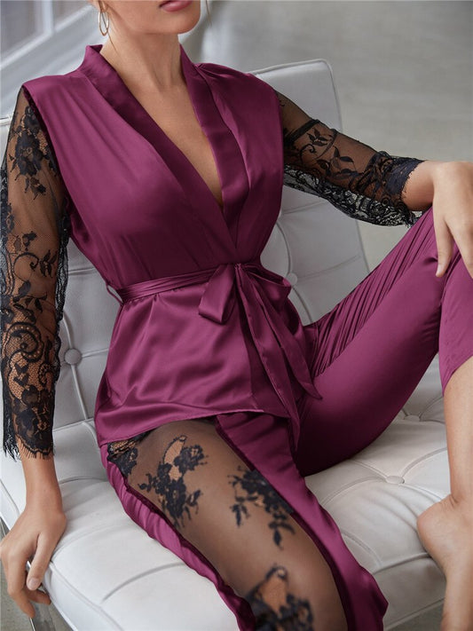 Holle Kant Lange Mouw Loungewear met Broek Set