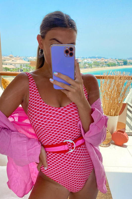 Wit Roze Contrast Eengenaam Badpak met Ceintuur